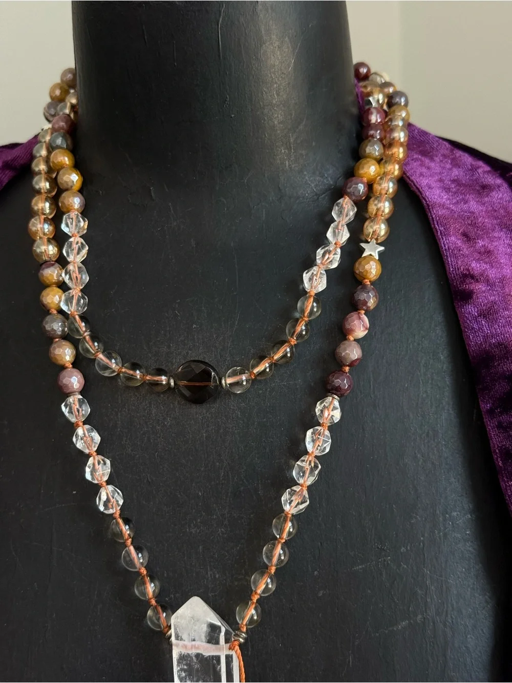 Clear Quartz, mookaite Jasper , Smokey Quartz beaded mala necklace pendant boho
